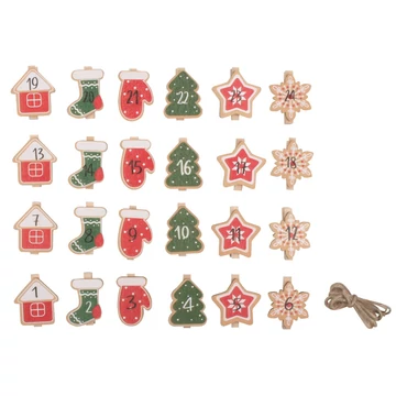 Adventi naptár, fa dekorációk csipeszen 4,5x4,5x0,3cm, 24db