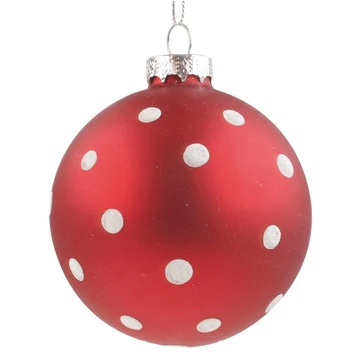 Kézzel készített pöttyös piros üveggömb  8cm, 4db