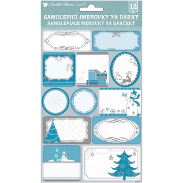 Öntapadó ajándékkísérő matrica  14,5x25  cm  - Karácsonyi motívumok ezüst felül nyomattal  24 db