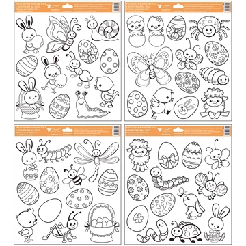 Kontúros, ragasztó nélküli,  kifesthető ablakmatrica 30 x 33,5 cm - Húsvéti motívumok