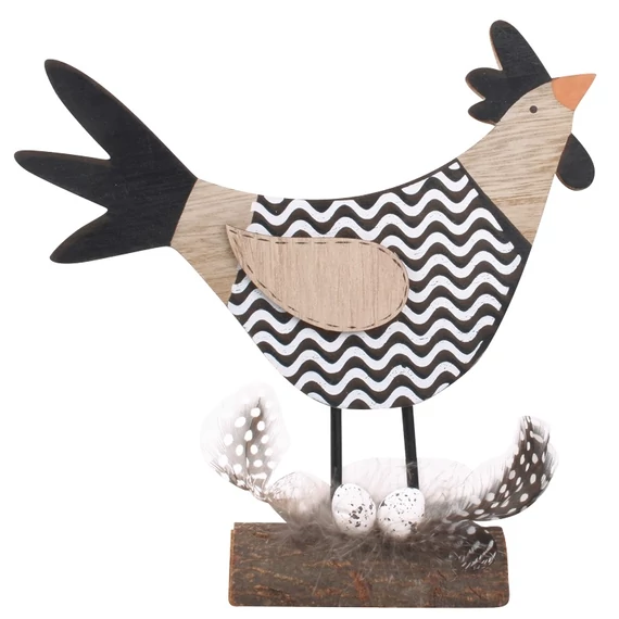 Fekete-fehér fa tyúk állványon 25cm