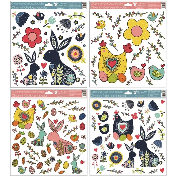 Ragasztómentes  ablakmatrica   30x33,5cm  - Kék nyúl és tyúkocskák  