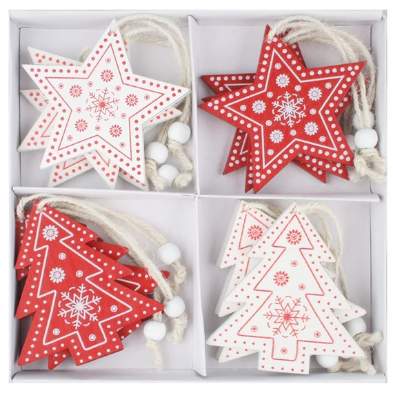 Felakasztható fa díszek 8x8x0,3cm/12db