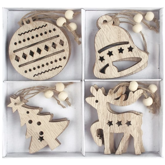 Felakasztható fa díszek 7x7x0,3cm/12db