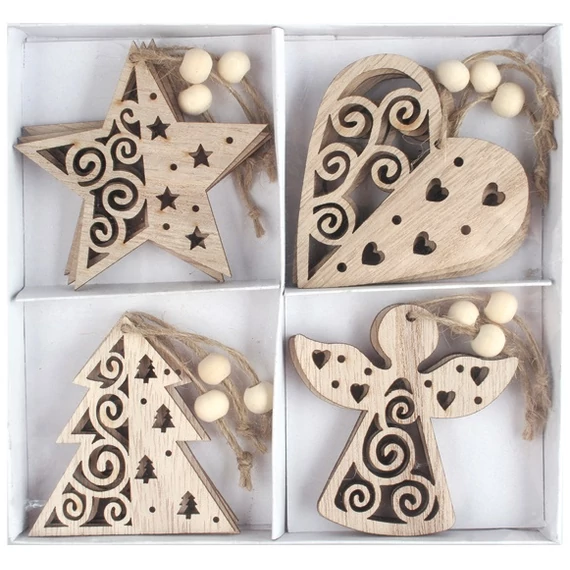 Felakasztható fa díszek 7x7x0,3cm/12db