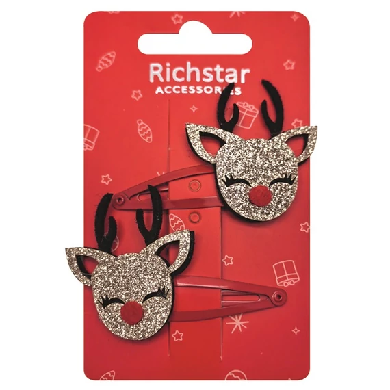 Csillámos rénszarvas hajcsat 2db, 7cm