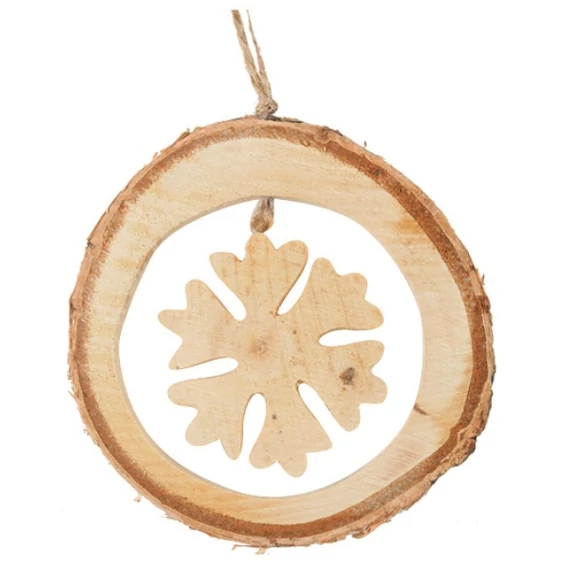 Felakasztható fa dísz hópehellyel 10cm