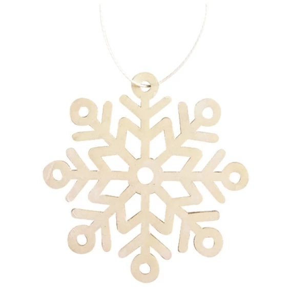 Felakasztható fehér  fa hópehely  8cm