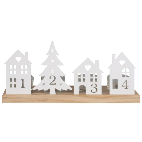 Adventi mécsestartó  28x7x13 cm  - Fémdíszekkel és számokkal, négy teamécses részére