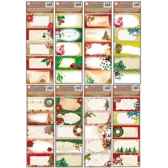 Öntapadó ajándékkísérő matrica  9x26 cm  - Karácsonyi motívumok 5 db, arany felül nyomattal