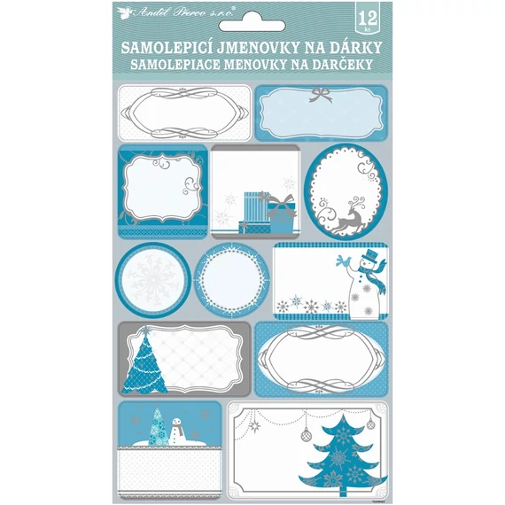 Öntapadó ajándékkísérő matrica  14,5x25  cm  - Karácsonyi motívumok ezüst felül nyomattal  24 db