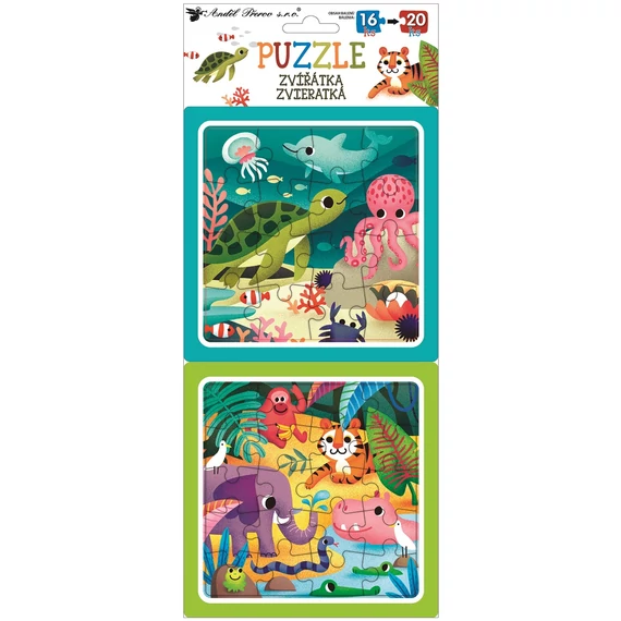 Puzzle 2 kép 15 x 15 cm , 16 db és 20 db , állatkák