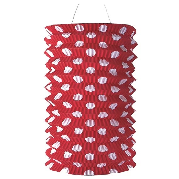 Henger alakú piros pöttyös lampion 15 cm