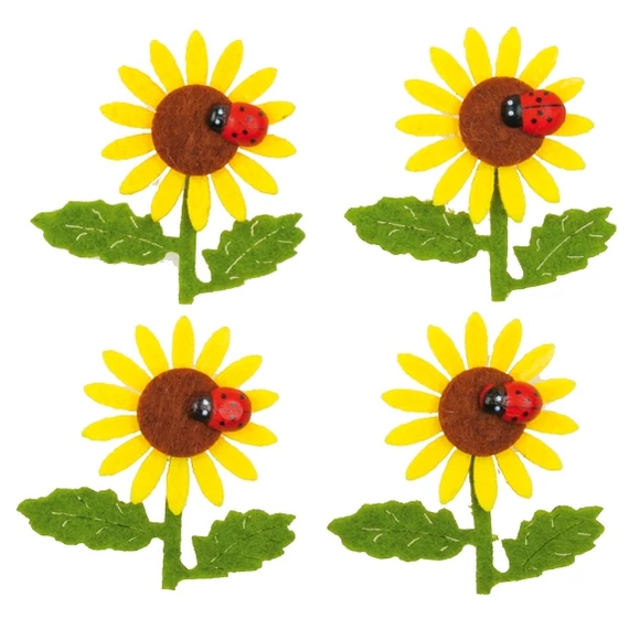 Filc napraforgók katicával 5,5 cm, 4 db - ragasztókoronggal