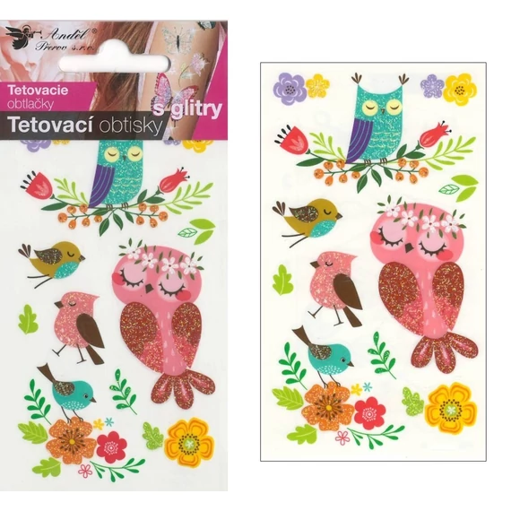 Tetováló matrica 6 x 10,5 cm  csillámos baglyok