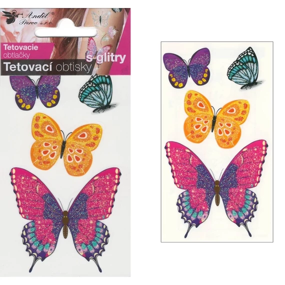 Tetováló matrica 6 x 10,5 cm  csillámos pillangók
