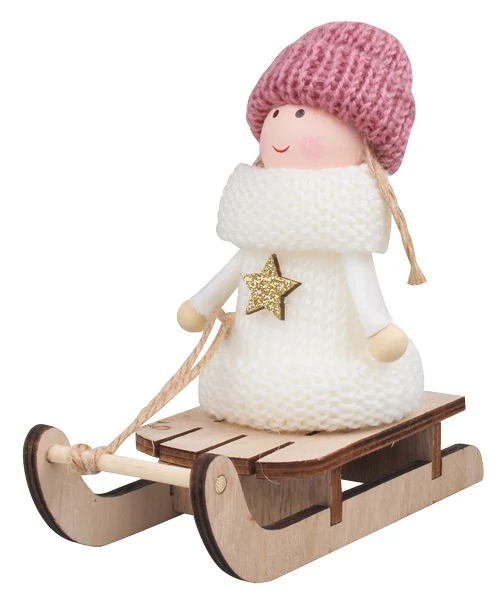 Kislány rózsaszín sapkában, szánkón  12 cm 