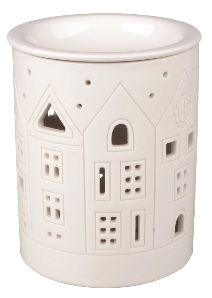 Aromalámpa, fehér porcelán házak 11x13,5 cm