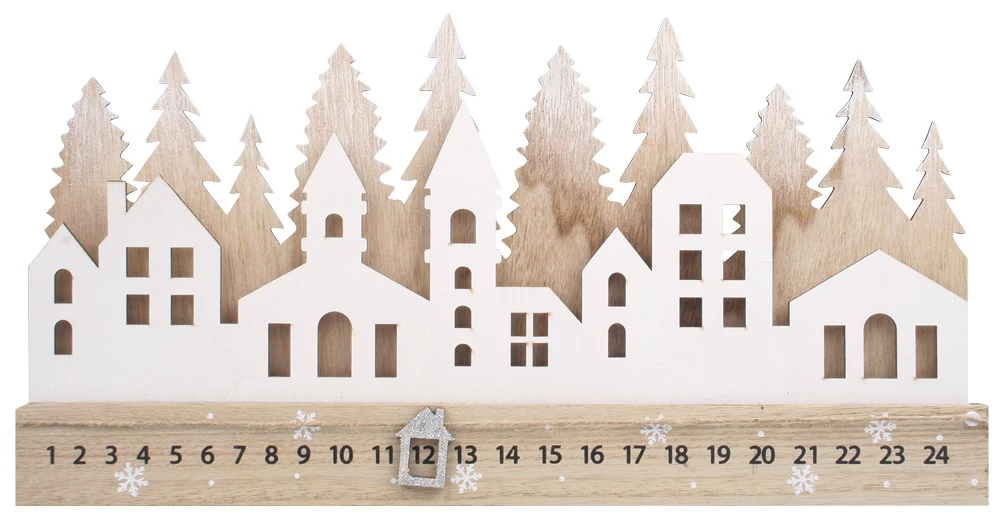 Fából készült adventi naptár téli panorámával 40x20 cm