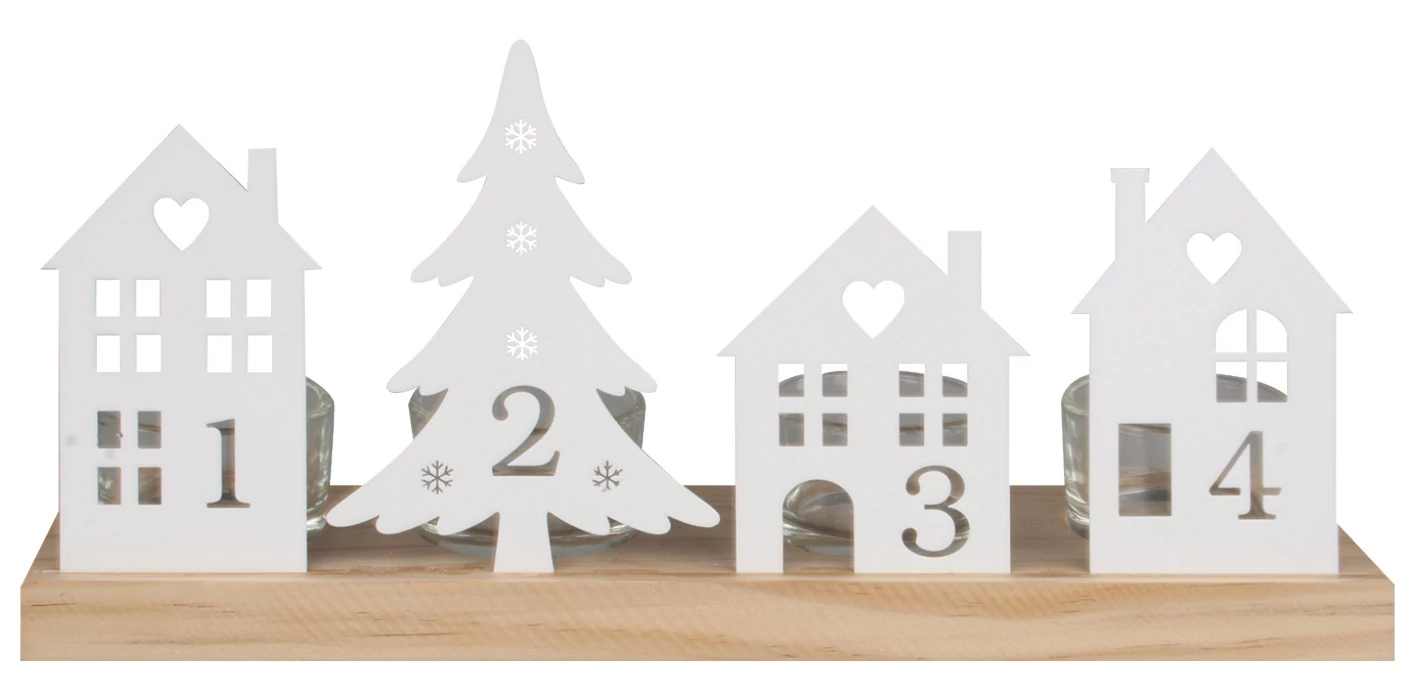 Adventi mécsestartó  28x7x13 cm  - Fémdíszekkel és számokkal, négy teamécses részére