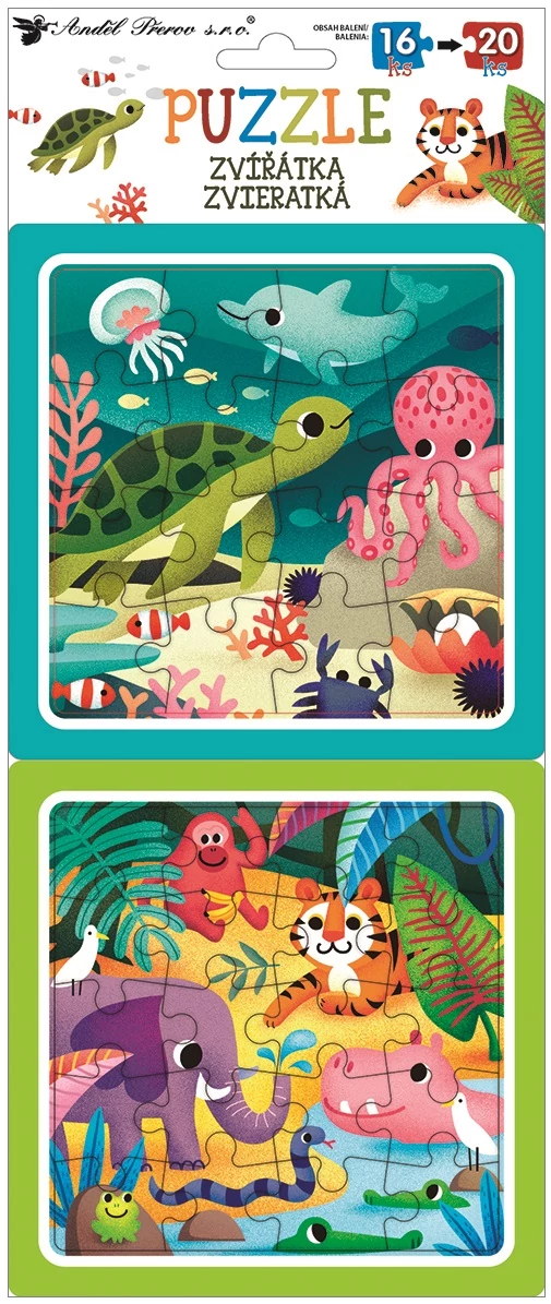 Puzzle 2 kép 15 x 15 cm , 16 db és 20 db , állatkák