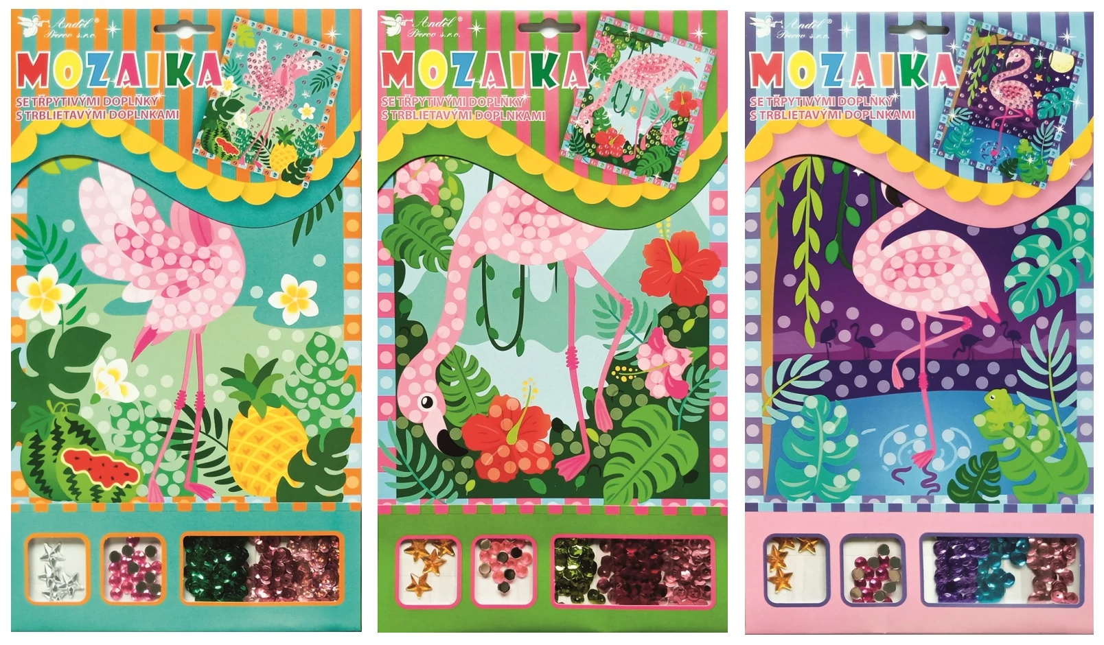 Mozaik kirakós kép flitterekkel  17 x 30 cm,  flamingó / 1 db