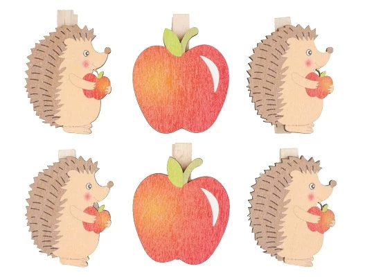 Fa sünik és almák csipeszen, 4 cm , 6 db