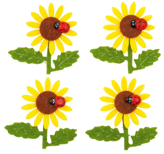 Filc napraforgók katicával 5,5 cm, 4 db - ragasztókoronggal