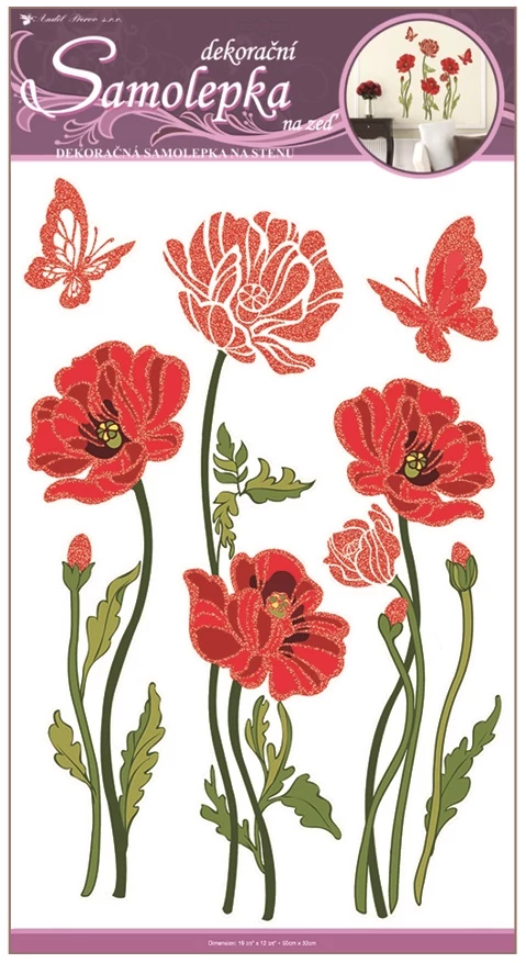 Falmatrica csillámos pipacs pillangóval,  50 x 32 cm