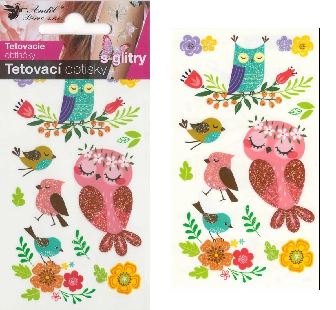 Tetováló matrica 6 x 10,5 cm  csillámos baglyok