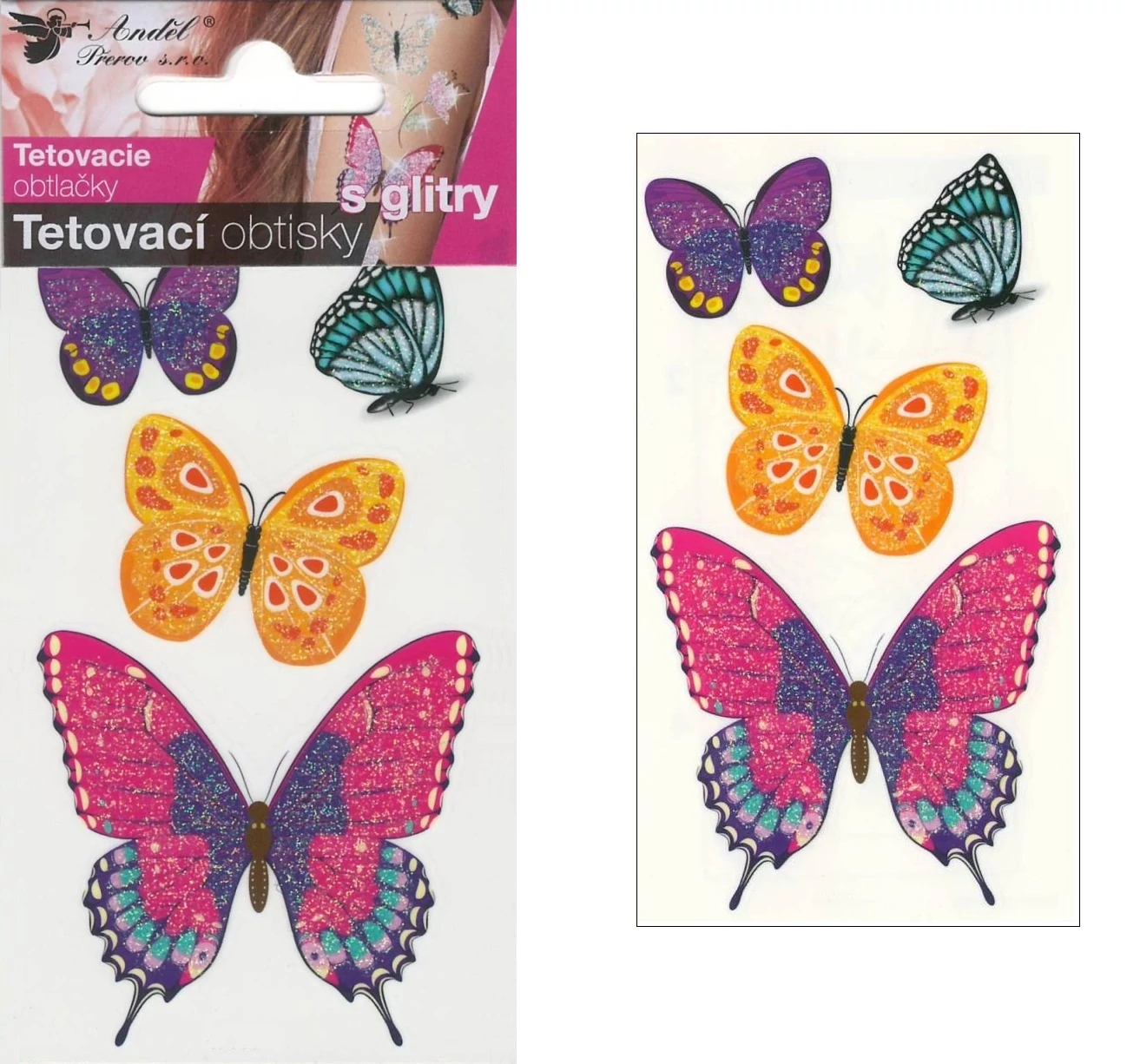 Tetováló matrica 6 x 10,5 cm  csillámos pillangók